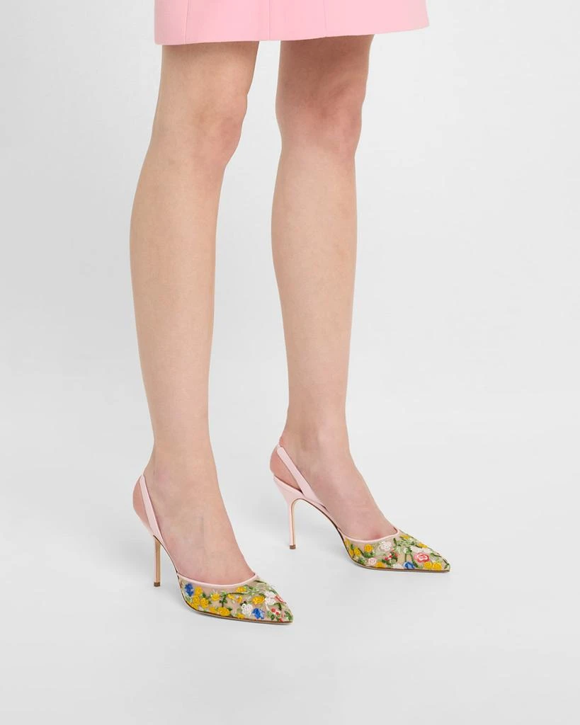 Manolo Blahnik Floral Embroidered Mesh Slingback Pumps 2