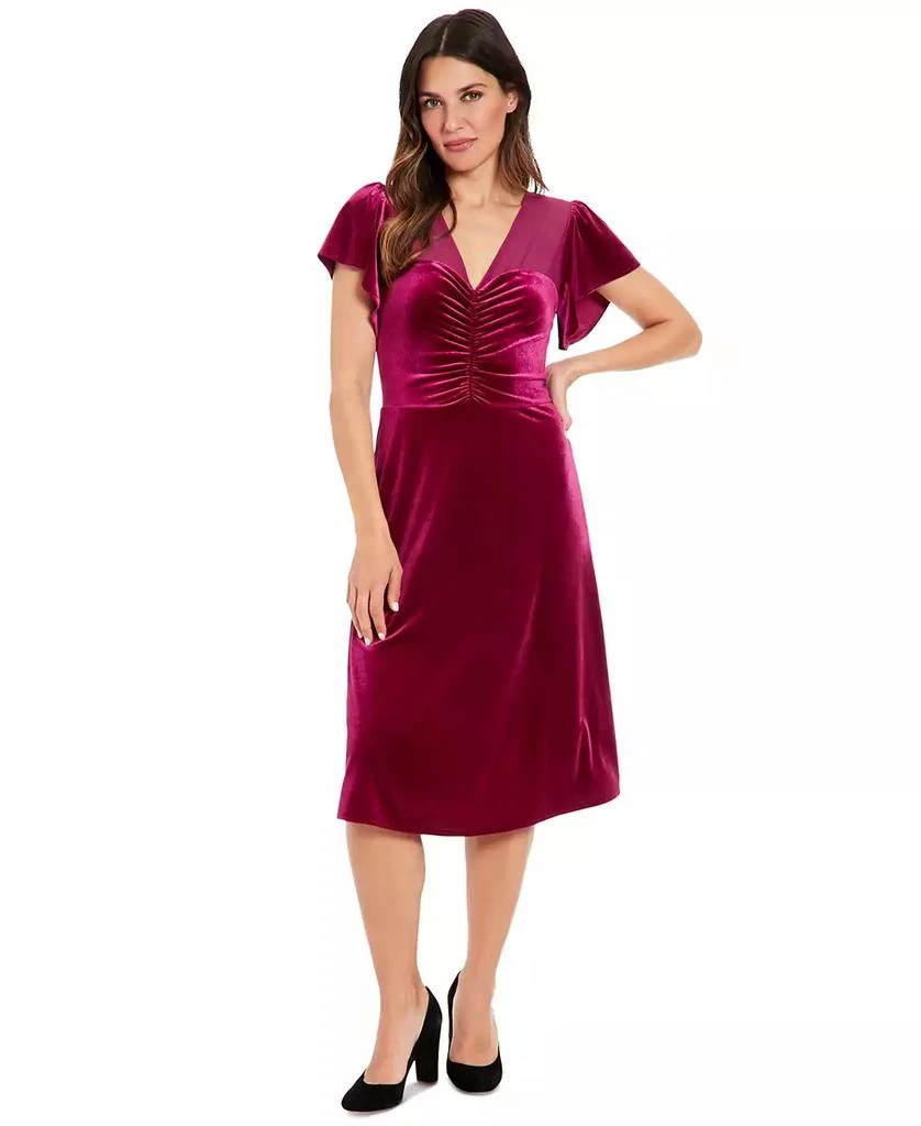 London Times Petite Velvet Flutter-Sleeve Ruched Dress 1