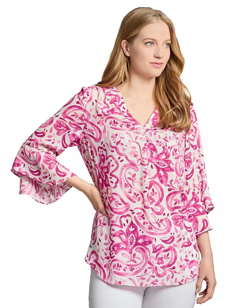 JONES NEW YORK Petite Paisley-Print V-Neck Bell-Sleeve Top