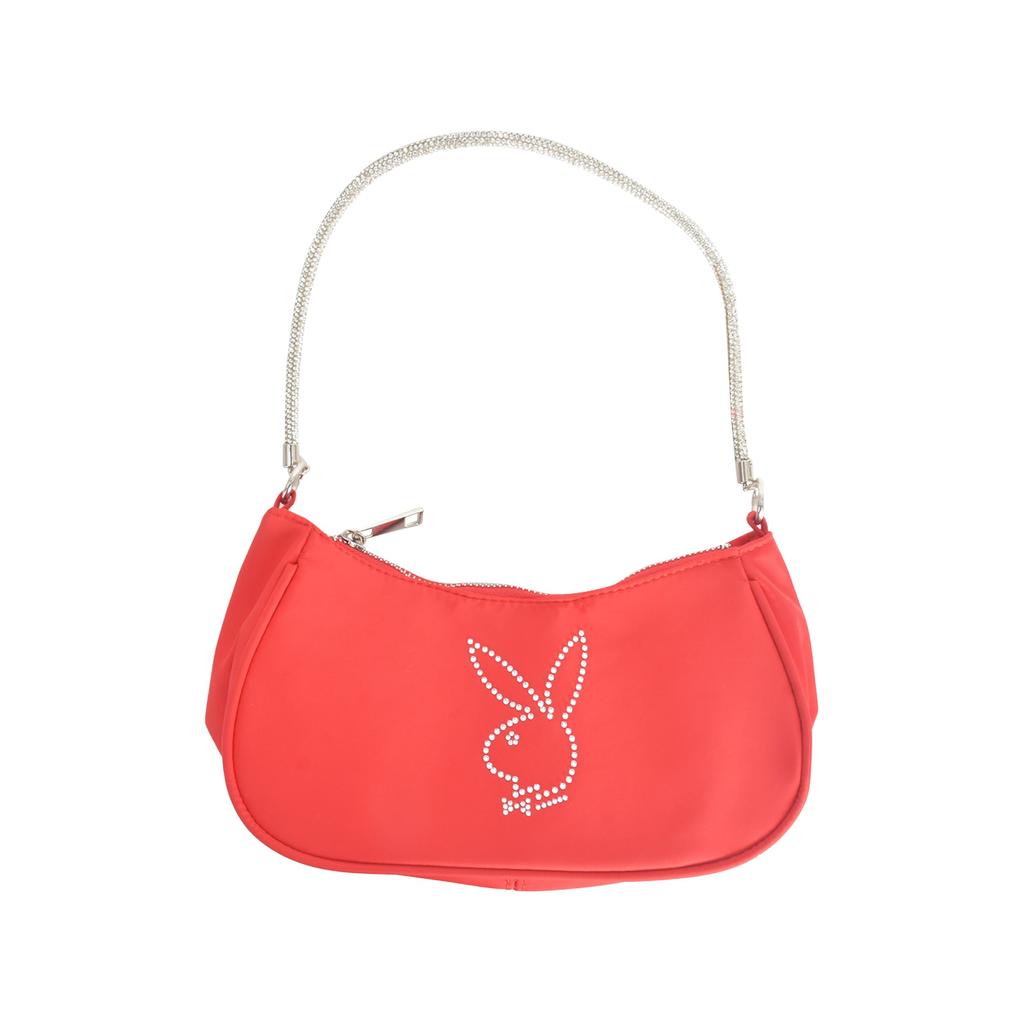 Playboy NYLON HANDBAG WITH RHINESTONE HANDLE AND RHINESTONE BUNNY