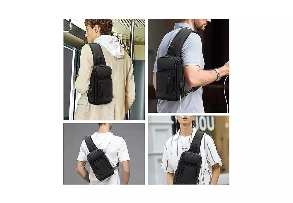 Wosofe 14 inch Sling Bag for Men,Black Crossbody Bag with USB Charging Port Fits 10.2inch iPad, Casual 6