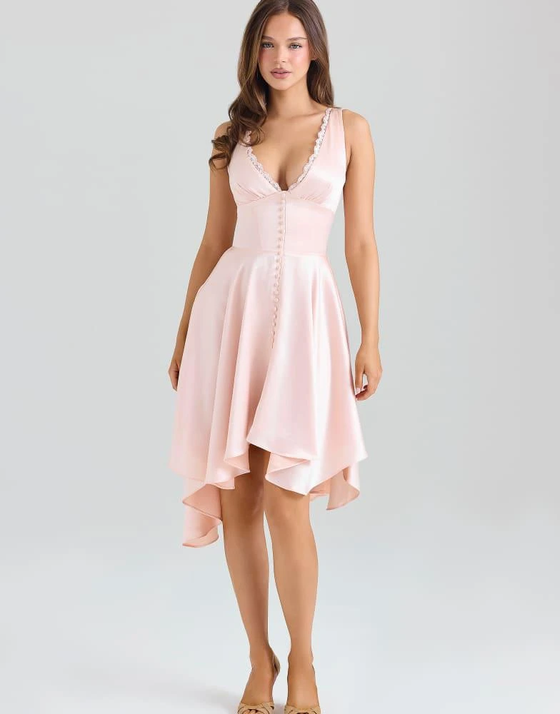 House of CB House of CB Sabella pink satin asymmetric handkerchief hem midi dress in pink 1