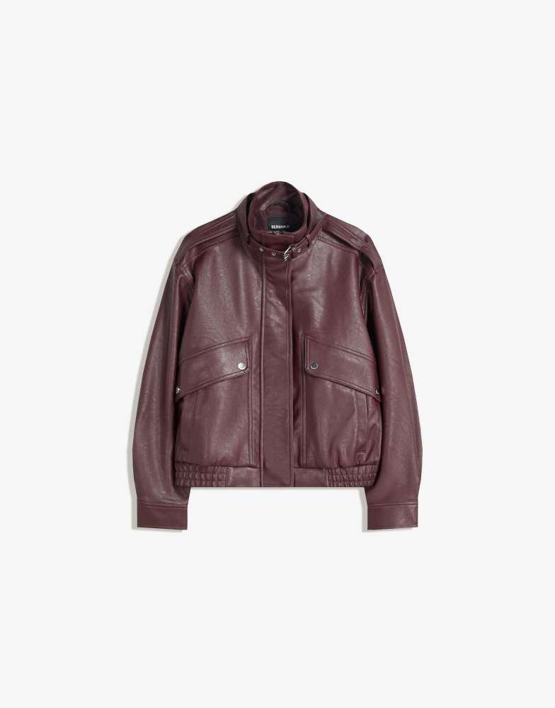 Bershka Bershka Faux leather jacket with pockets in burgundy