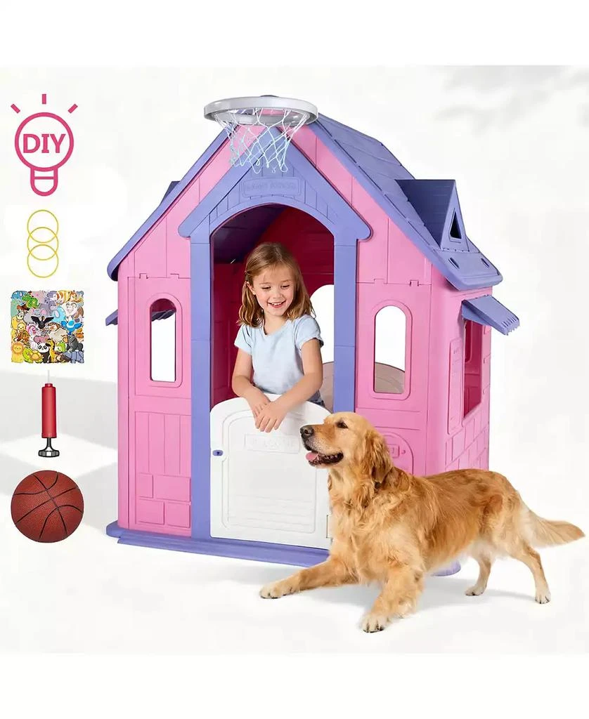 SUGIFT Large Kids Playhouse for Indoor Outdoor with Basketball Ring Toss Play and DIY Stickers for Girls Boys Ages 2