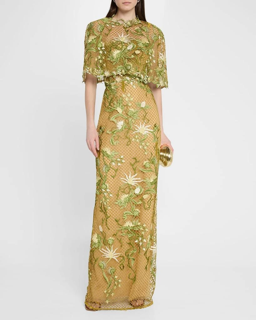 MARCHESA Floral-Embroidered Capelet Column Gown 4