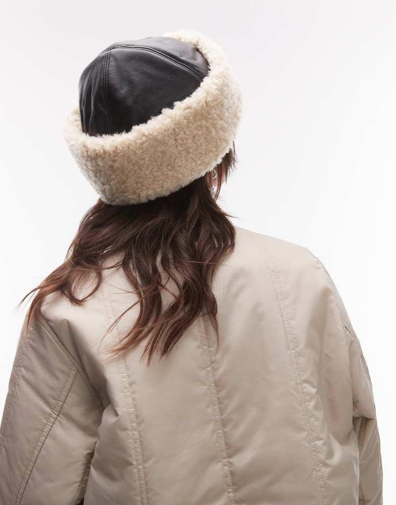 ARKET ARKET premium leather hat with faux shearling fold over lining in black and cream