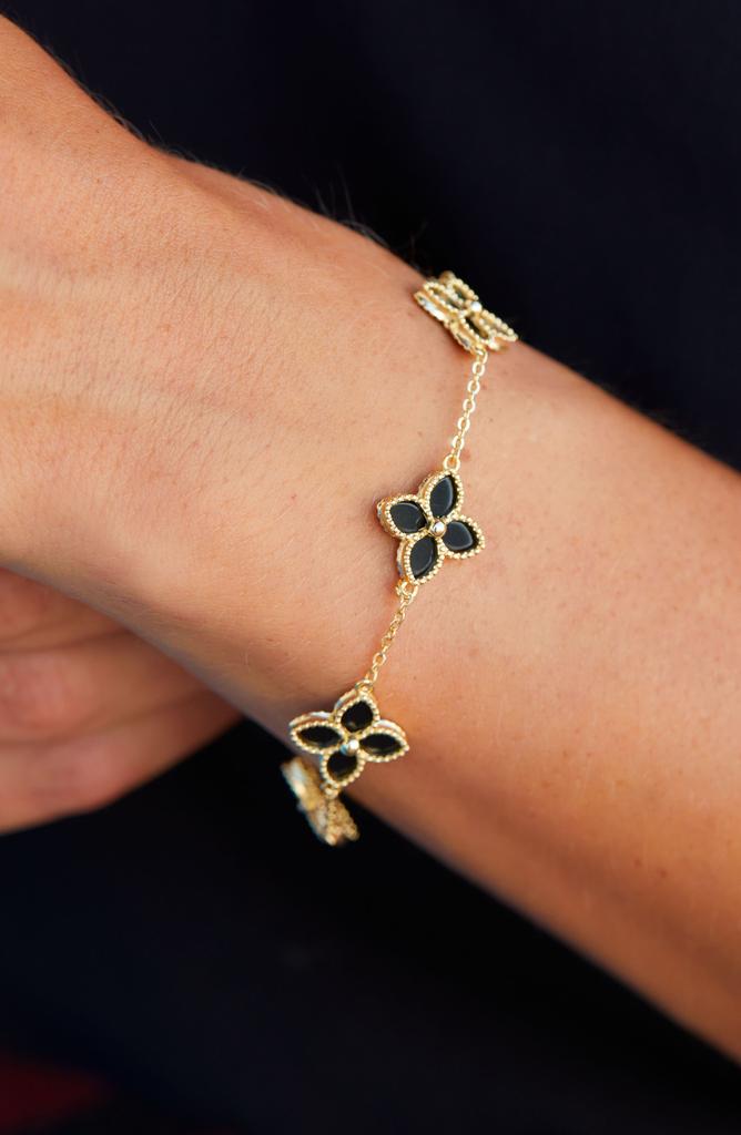 Savvy Cie Jewels Yellow Gold Vermeil Onyx Flower Station Bracelet