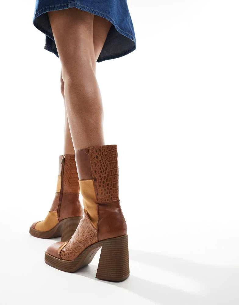 Bershka Bershka patwork heeled boots in brown 4