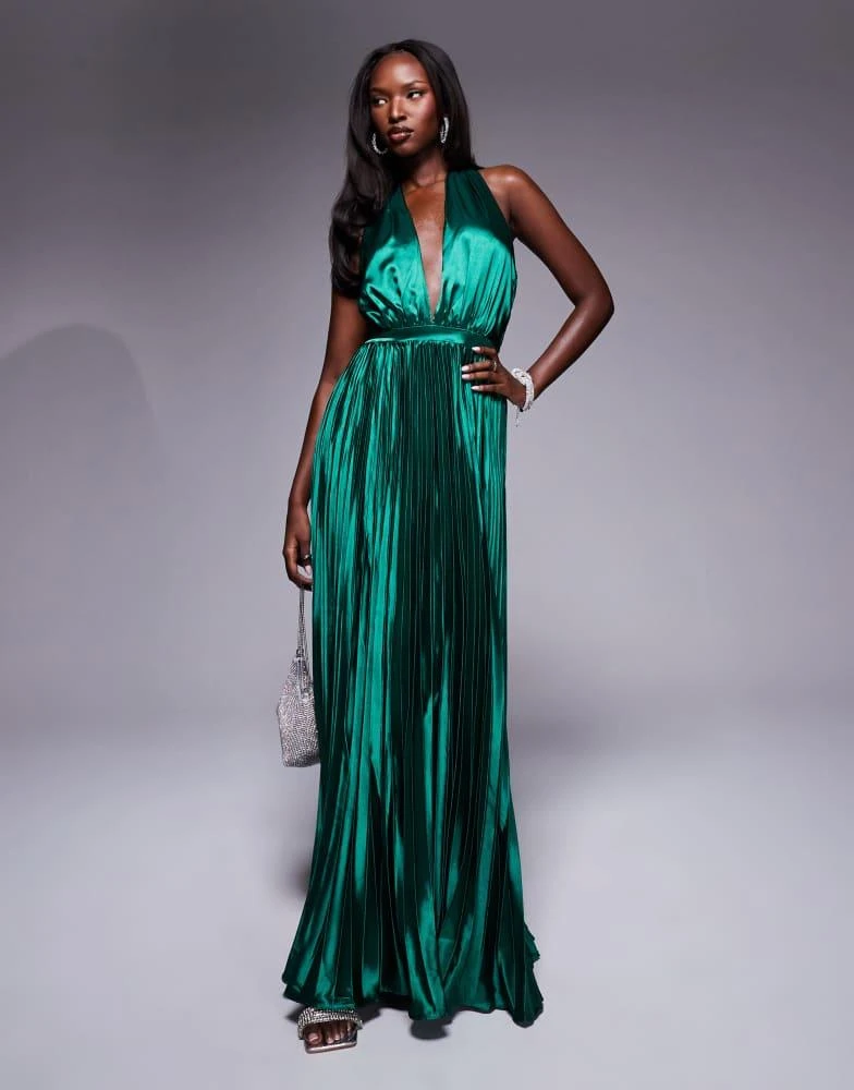 True Decadence True Decadence Pleated halterneck maxi dress in emerald green 1