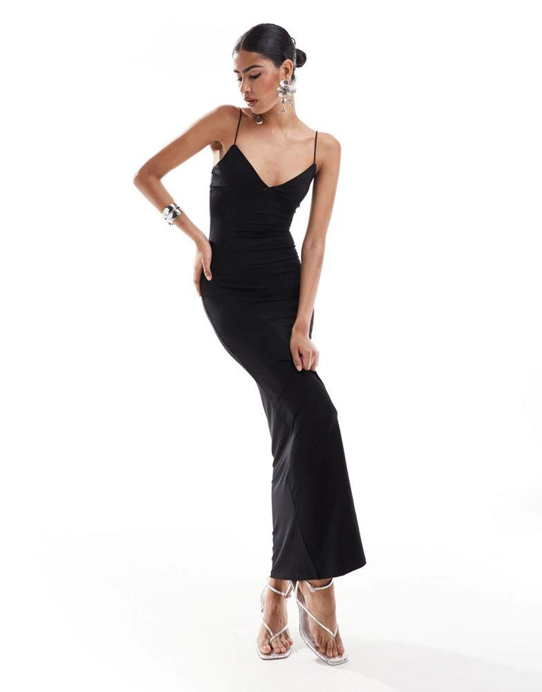 Bershka Bershka thin strap bow detail bodycon maxi dress in black 1