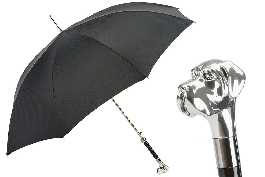 PASOTTI Pasotti Black Check Luxury Umbrella with Silver Labrador Handle 1