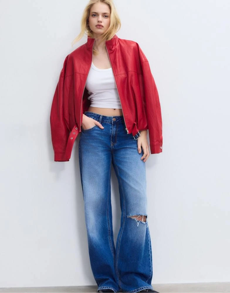 Stradivarius Stradivarius Leather effect balloon jacket with belt detail in red