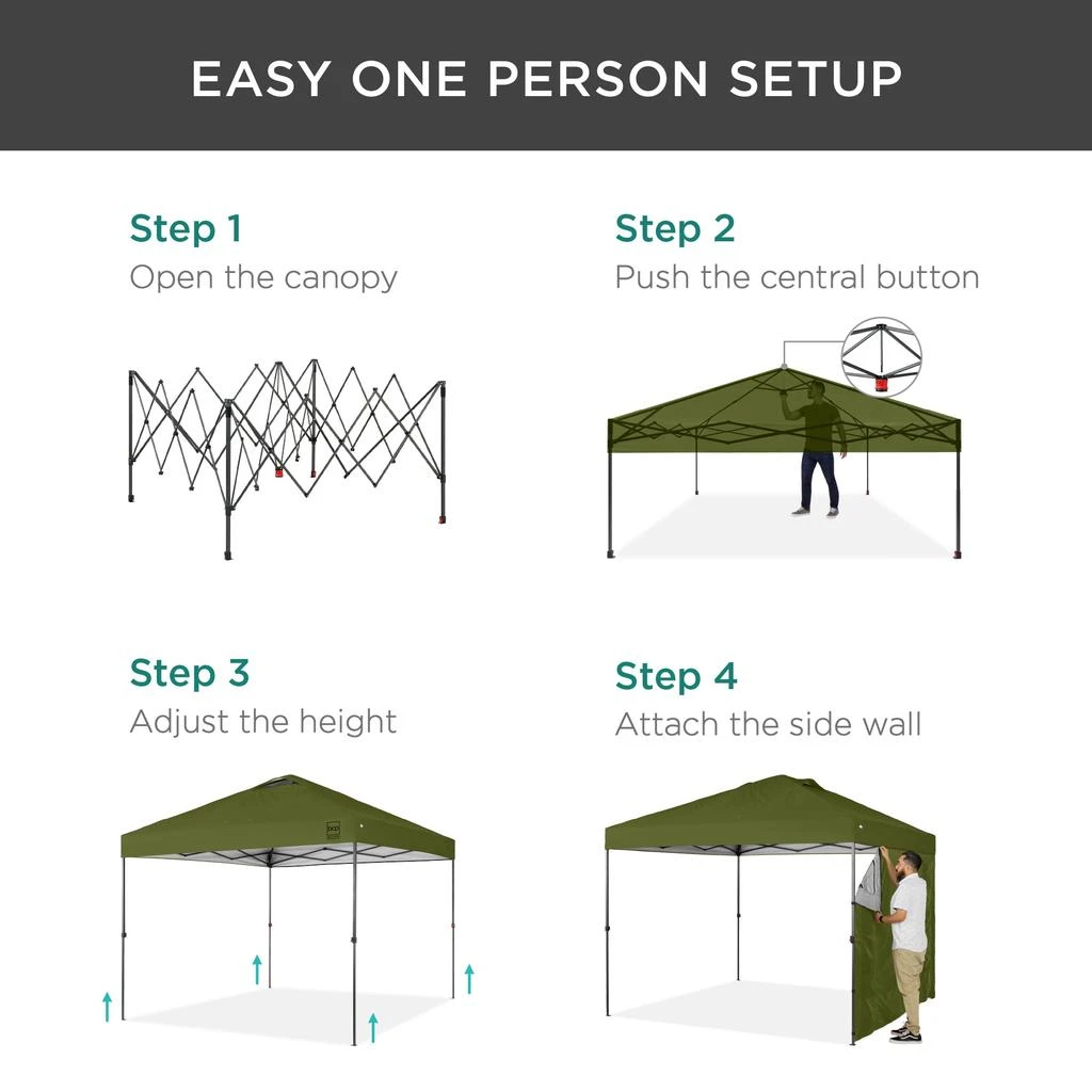 Best Choice Products 10x10ft Easy Setup Pop Up Canopy, Portable Tent w/ Side Wall, 1-Button Push, Case 4