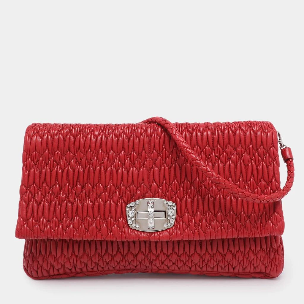 Shop Miu Miu Red Matelassé Nappa Leather Crystal Shoulder Bag on