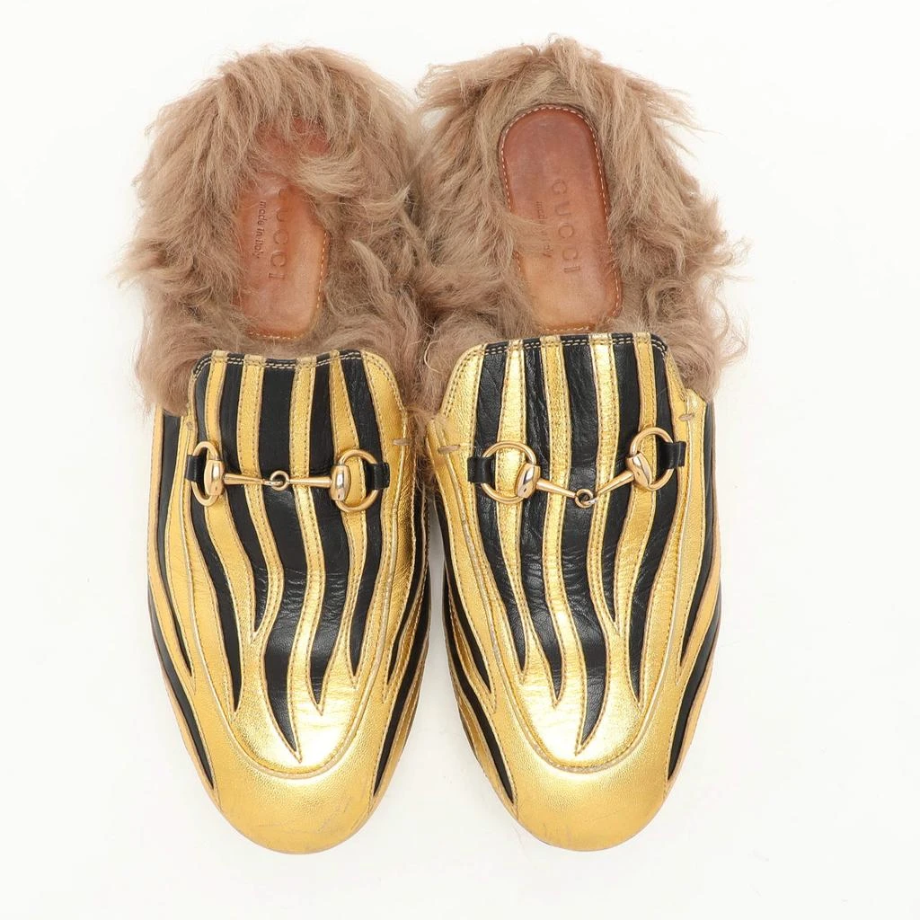 Gucci Gucci Gold/Black Leather Princetown Fur Lined Horsebit Mules Size 38 3
