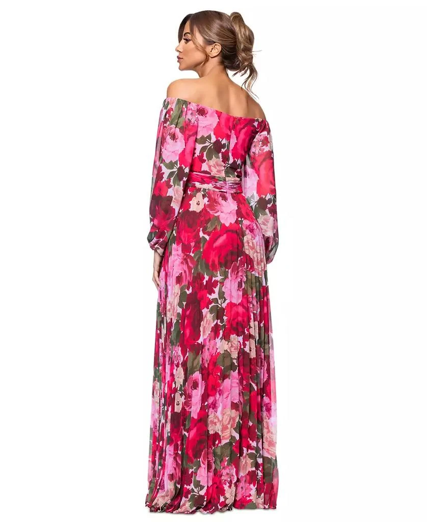 XSCAPE Petite Floral-Print Pleated Off-The-Shoulder Gown 3
