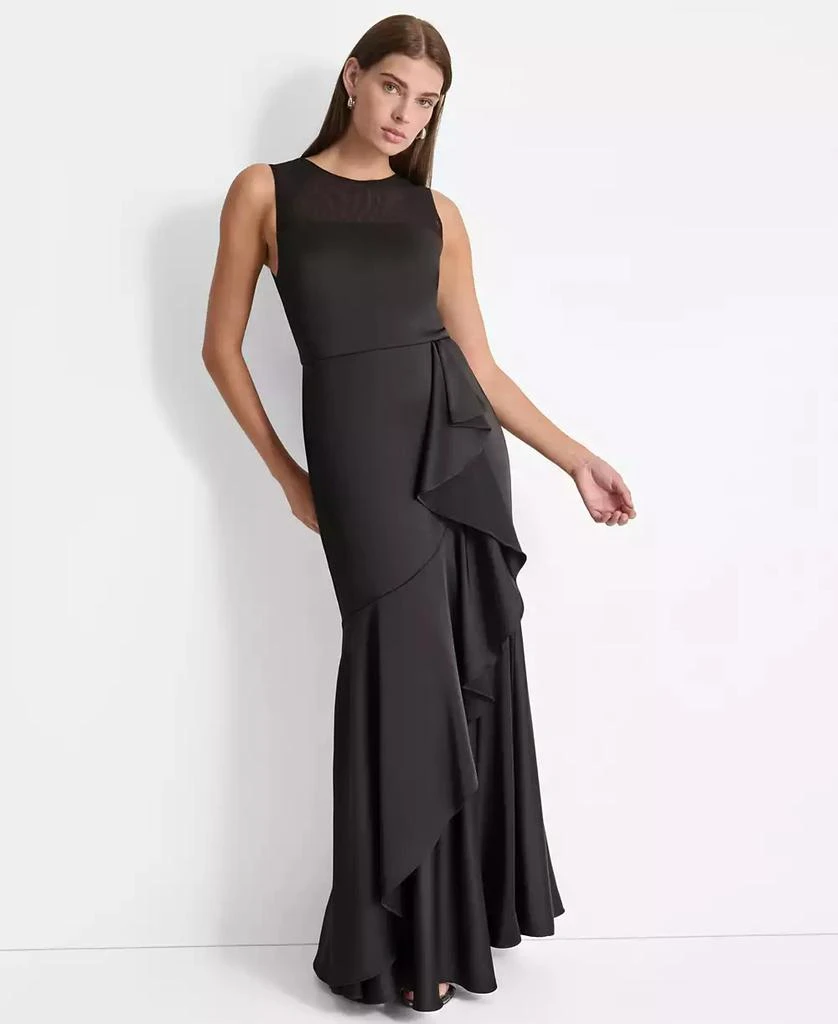 DKNY Women's Mesh-Yoke Cascading-Ruffle Evening Gown 1