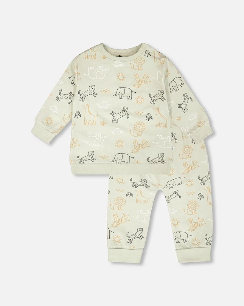 Deux par Deux Organic Cotton Jersey Sweater and Pants Set Sage Green Animal Print