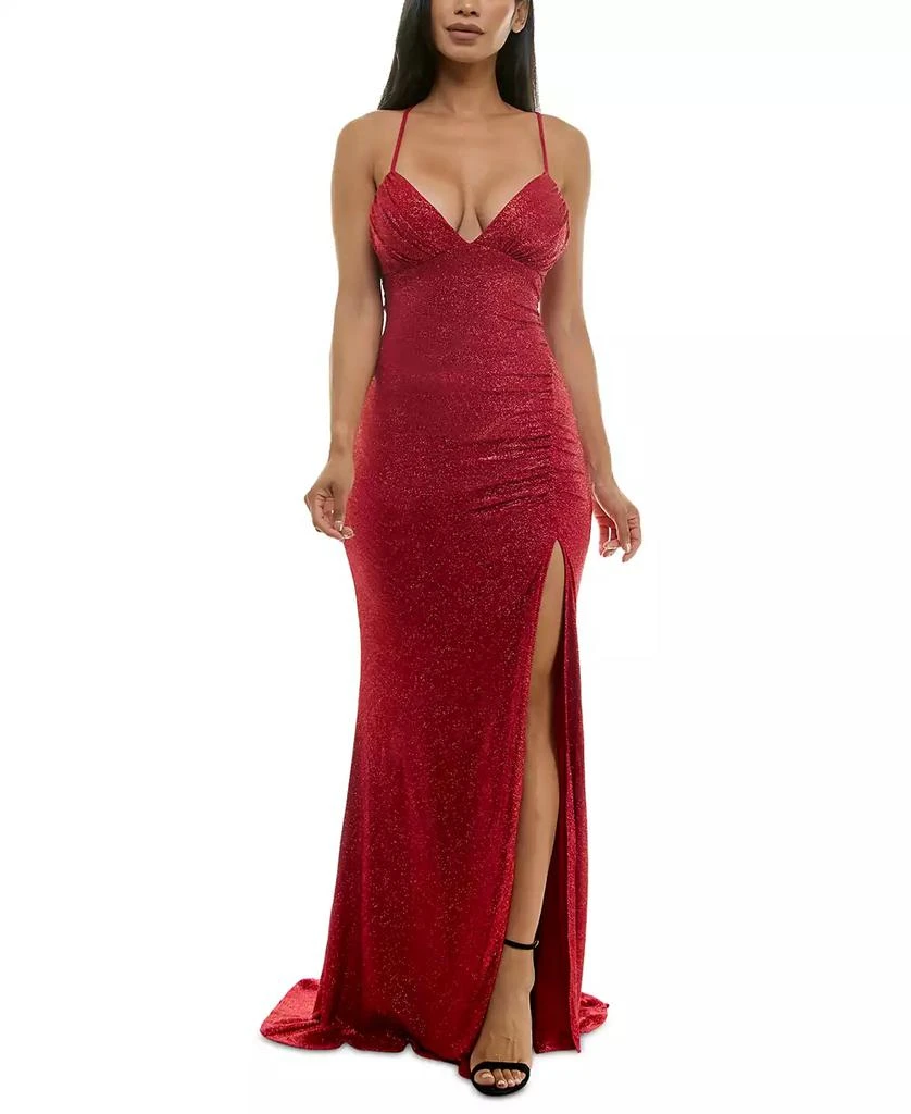 Emerald Sundae Juniors' Metallic-Threaded High-Slit Gown 1