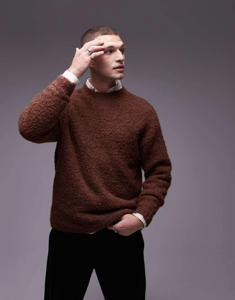 Topman Topman relaxed fit boucle jumper in brown 3