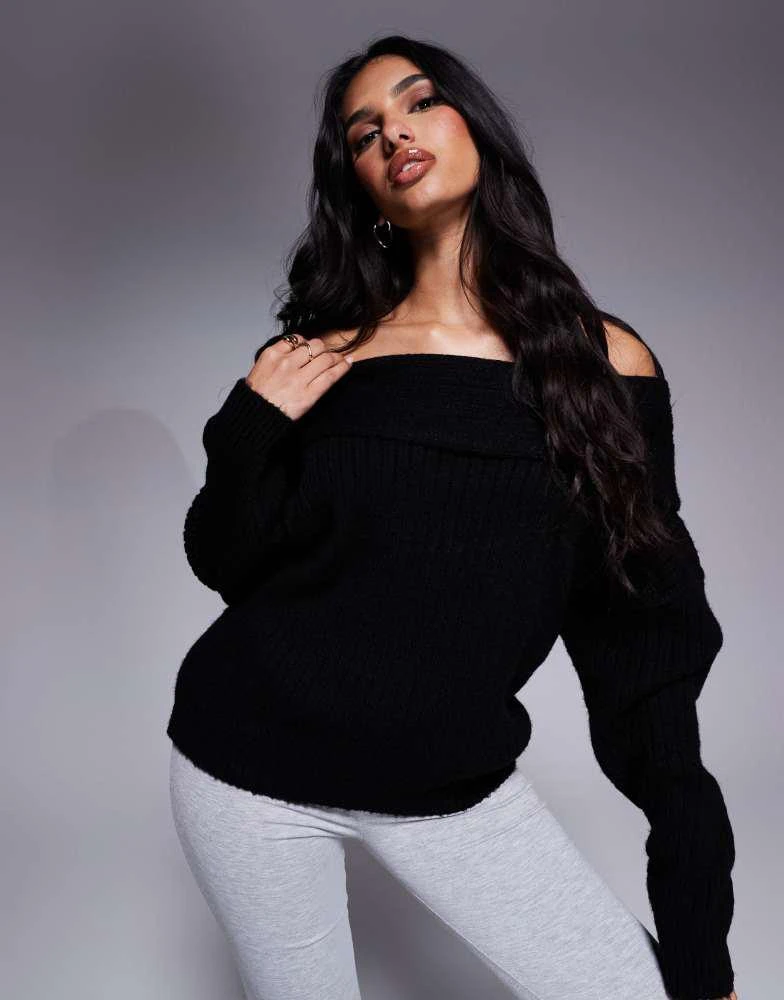 ASOS ASOS DESIGN oversized knitted off shoulder jumper in black 1