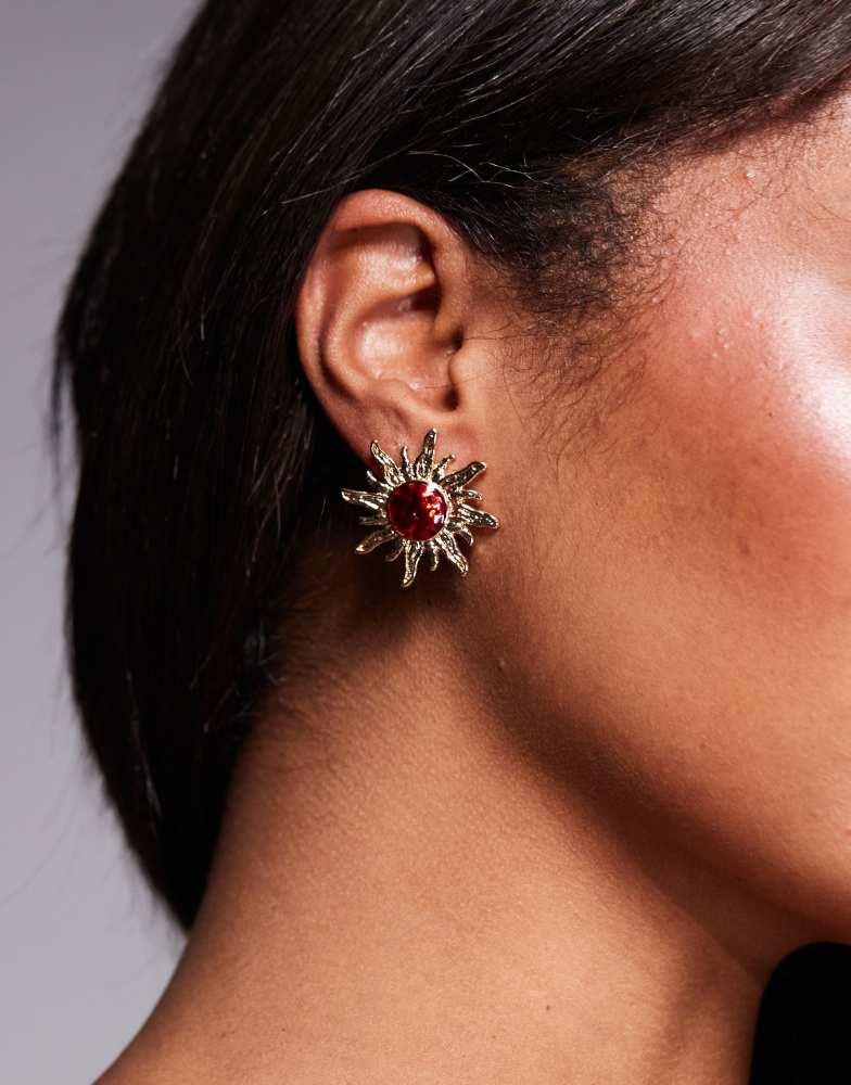 8 Other Reasons 8 Other Reasons 18ct gold plated sun stud earrings with red stone
