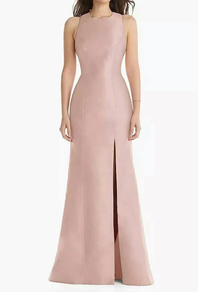 Alfred Sung Jewel Neck Bowed Open-Back Trumpet Dress With Front Slit In Toasted Sugar 1