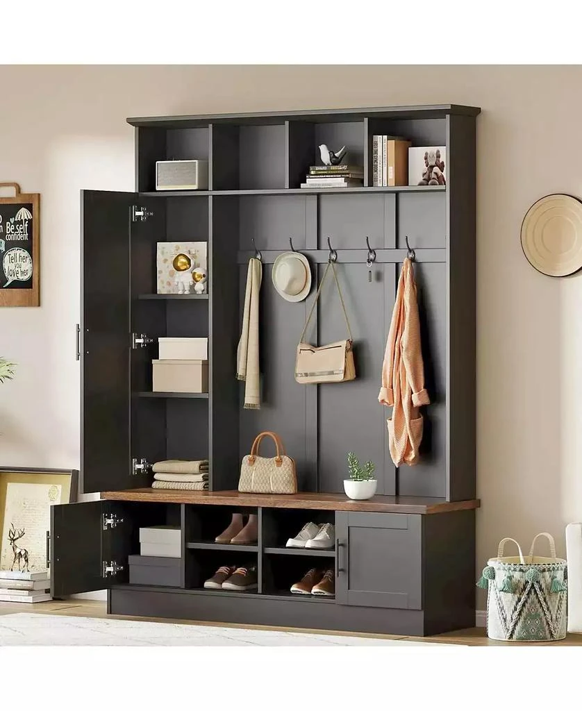 Streamdale Furniture Versatile 3-in-1 Hall Tree with 6 Hooks Walnut Storage Bench 55" Entryway Coat Rack