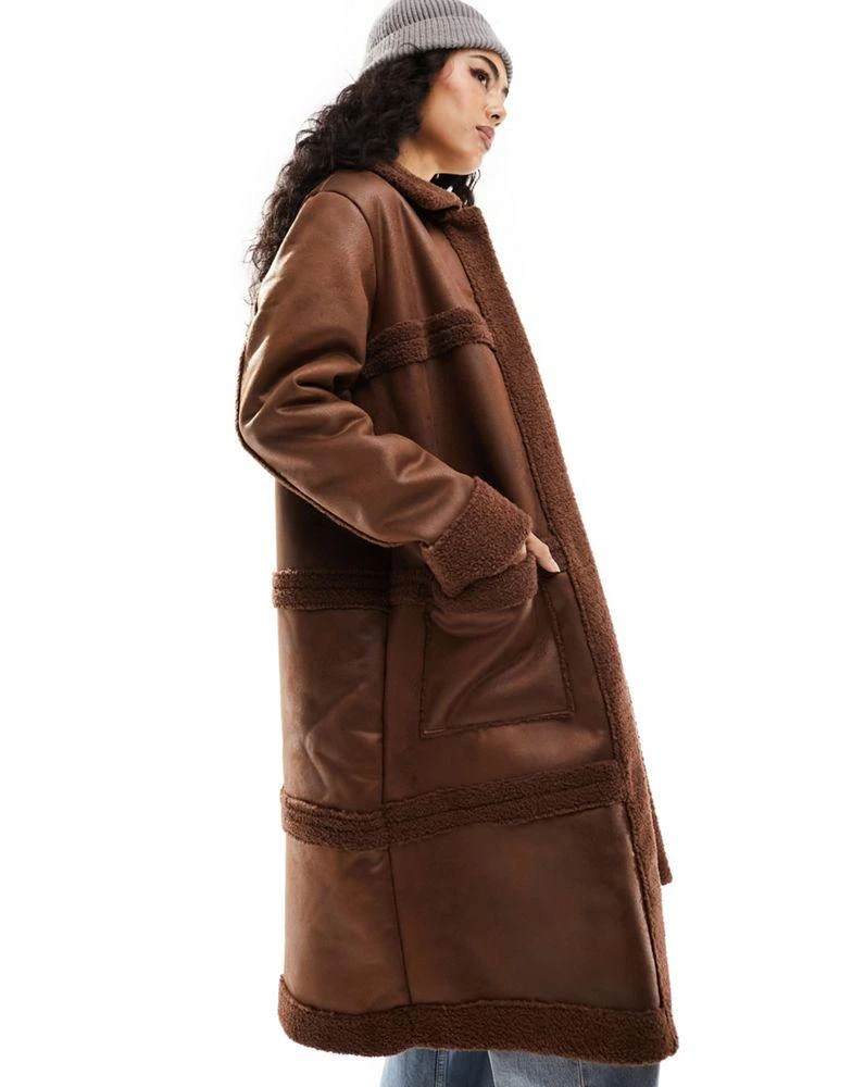 VIOLET ROMANCE Violet Romance suedette longline aviator coat with borg trims in brown 1