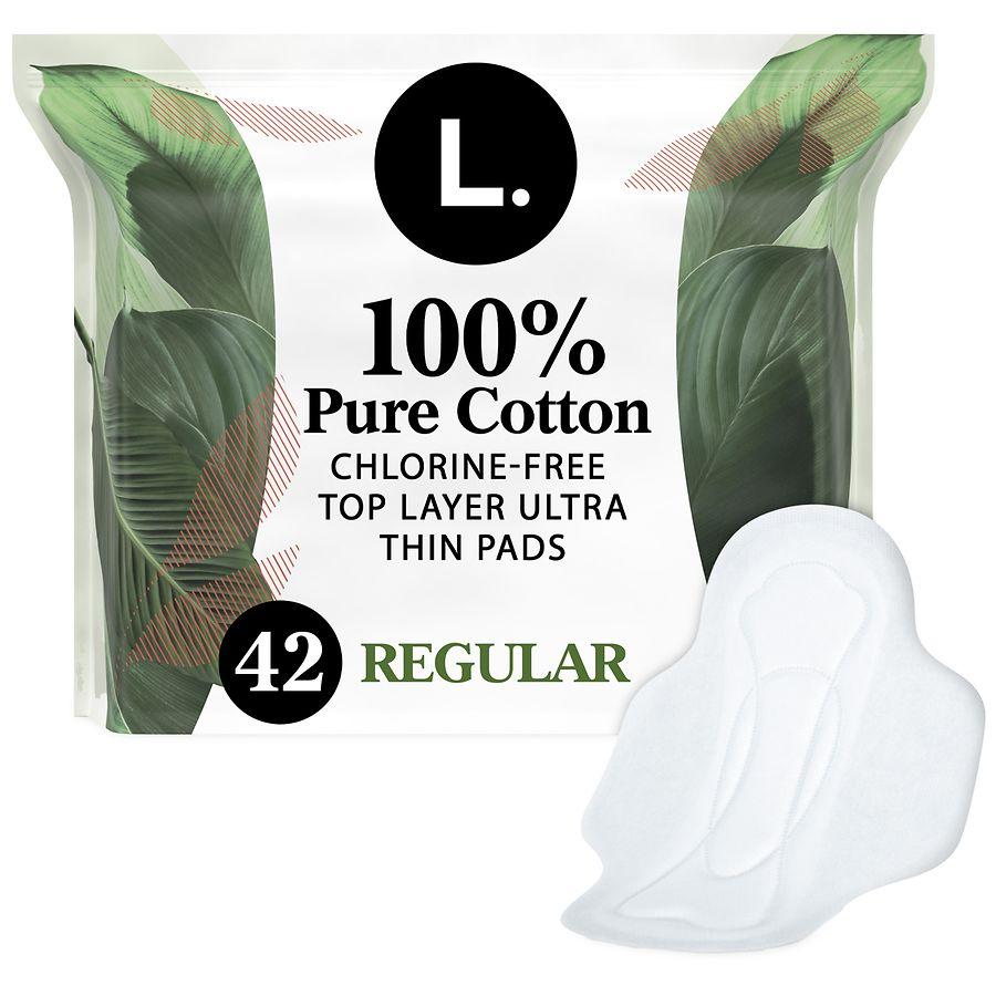 L. Ultra Thin Pads for Women, 100% Pure Cotton Top Layer Pads with Wings Unscented, Regular