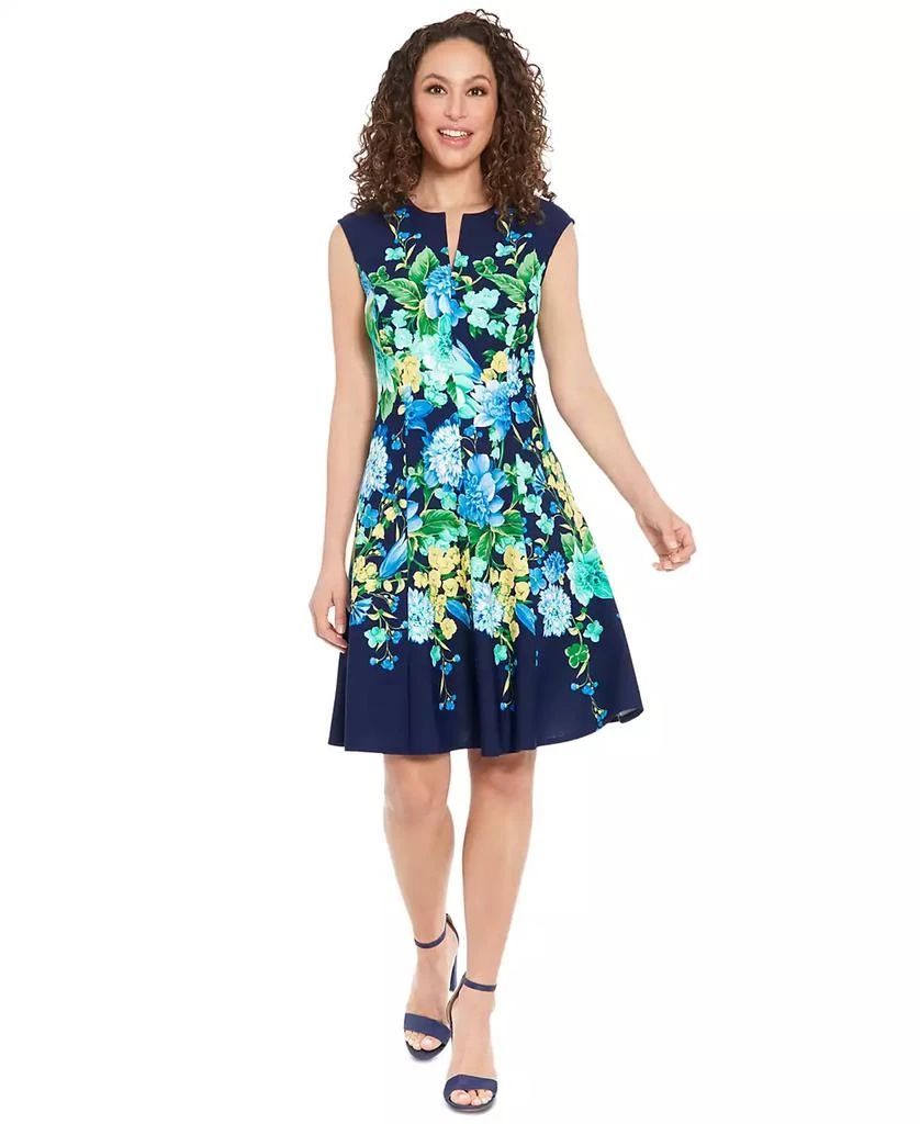 London Times Petite Split-Neck Floral-Print Fit & Flare Dress 1