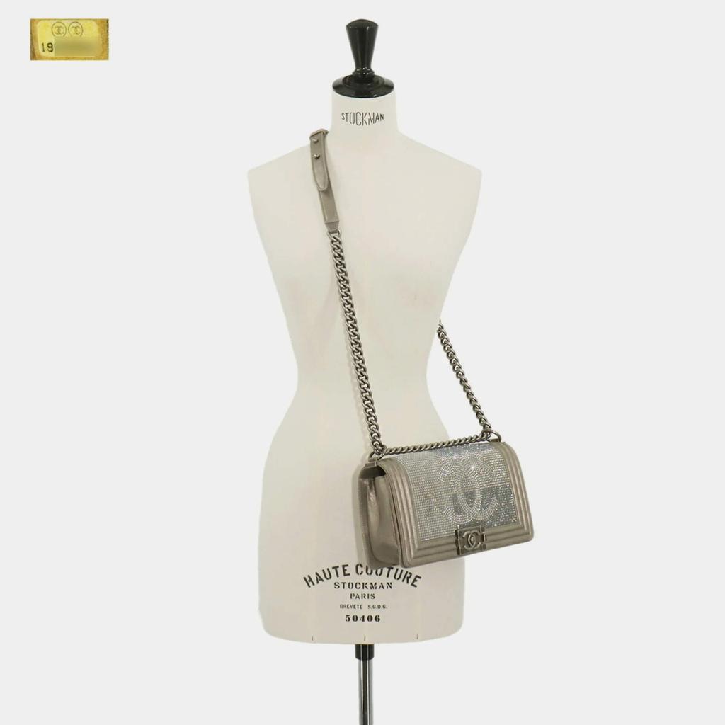 Chanel Chanel Metallic Gray Leather Rhinestone Boy Bag