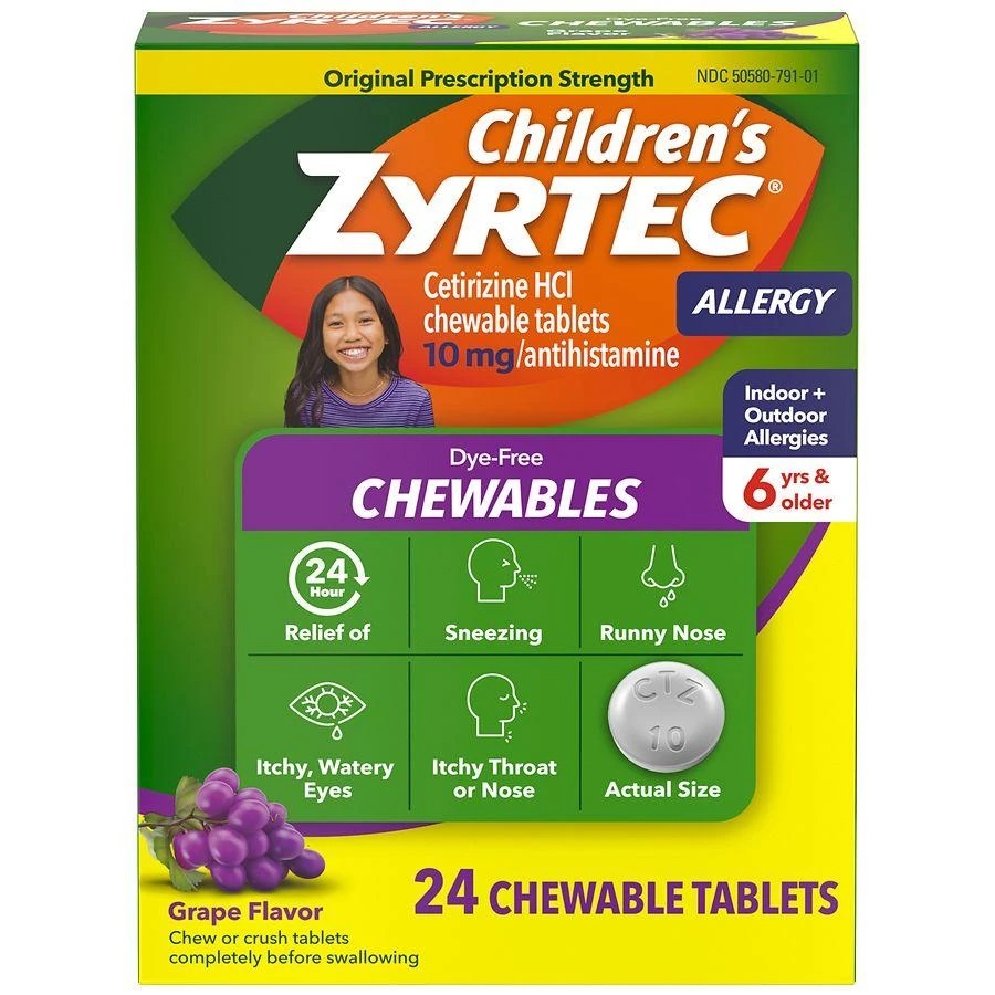 Children
s Zyrtec Dye-Free Chewables for 24 Hour Allergy Relief, 10 mg Cetirizine Hydrochloride