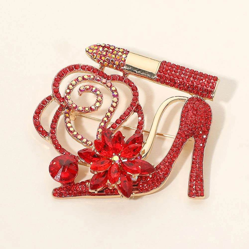FASHNZFAB Rhinestone Embellished Flower Accent Glam High Heel Lipstick Pin Brooch