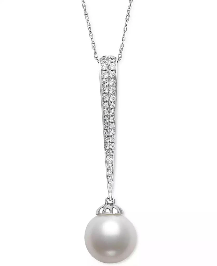 Belle de Mer Cultured Freshwater Pearl (9mm) & Diamond (1/5 ct. t.w.) Pavé Elongated 18" Pendant Necklace in 14k White Gold, Created for Macy's 1