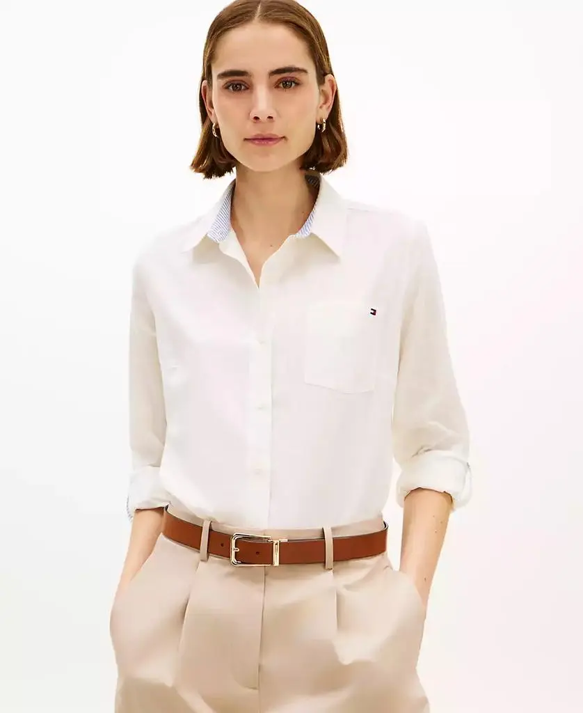 Tommy Hilfiger Women's Linen Roll-Tab Sleeve Collared Shirt