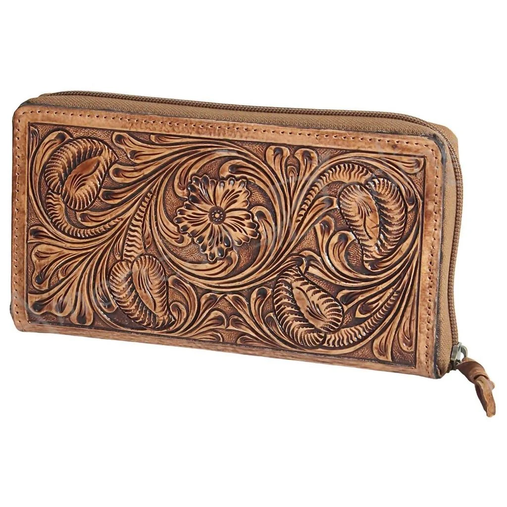 American Darling Women's Ranchin' Dream Tooled Leather Zip Wallet In Brown 3