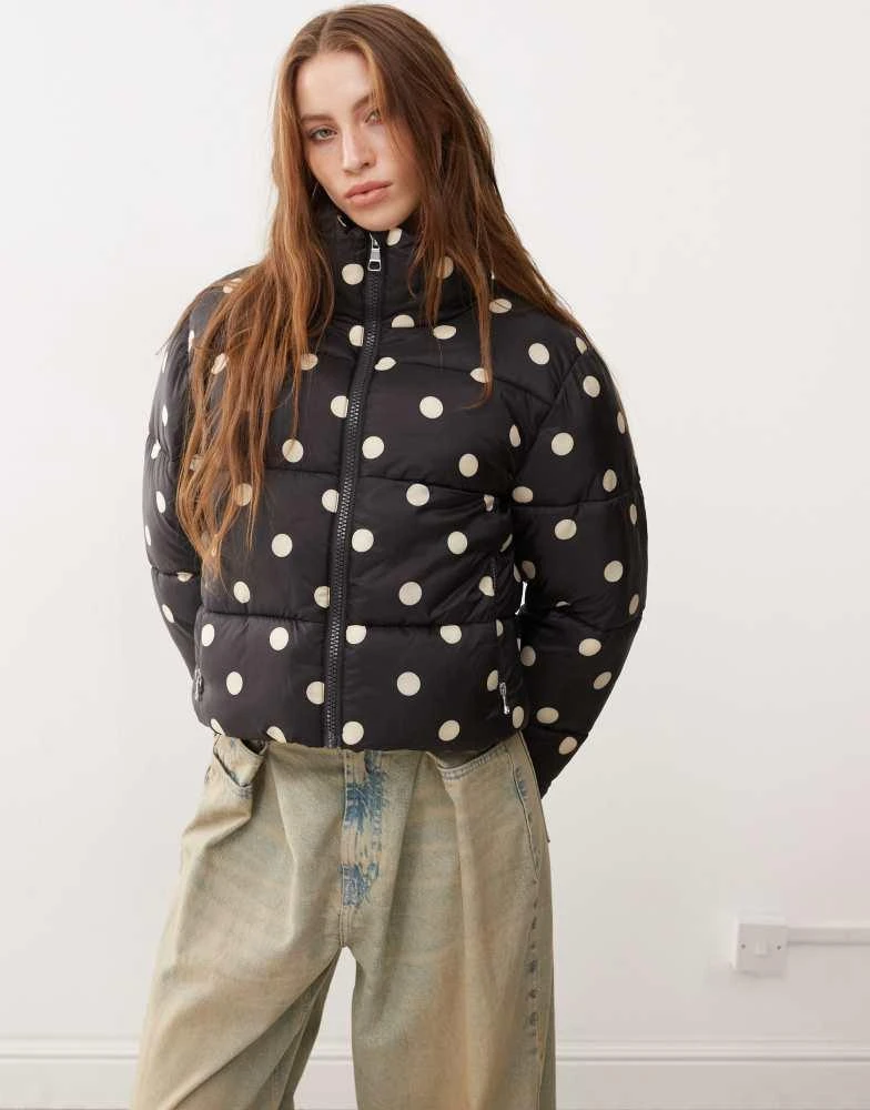 Monki Monki padded puffer jacket in black polka dot 1