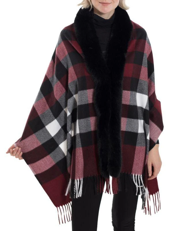 BELLE FARE Faux Fur-Tirm & Wool-Blend Plaid Wrap 1