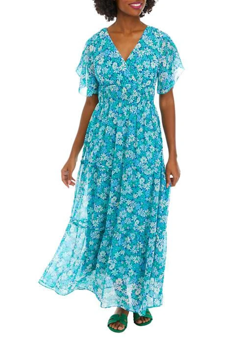 Chris McLaughlin Mclaughlin Womens Short Sleeve Surplice Mini Floral Print Chiffon Maxi Dress 1