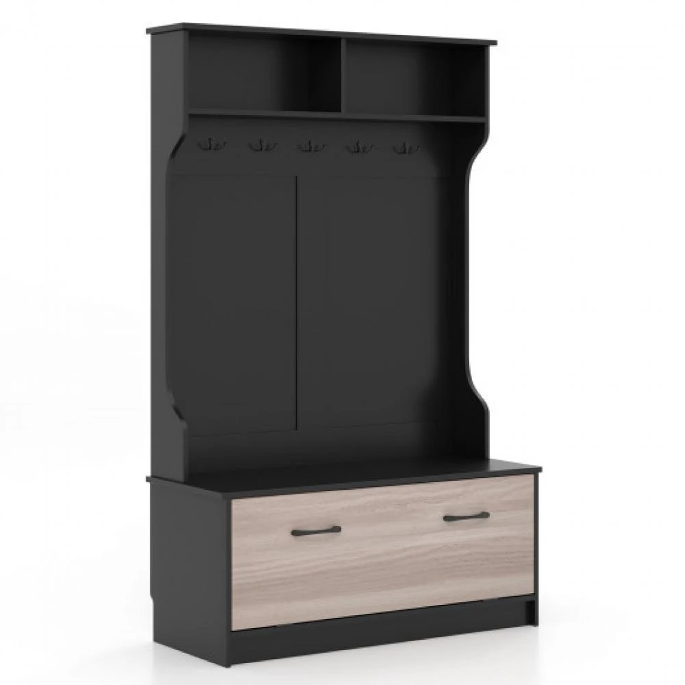 Hivvago 3 in 1 Coat Rack with Entryway Bench and Hooks and Enclosed Cabinet-Black 3