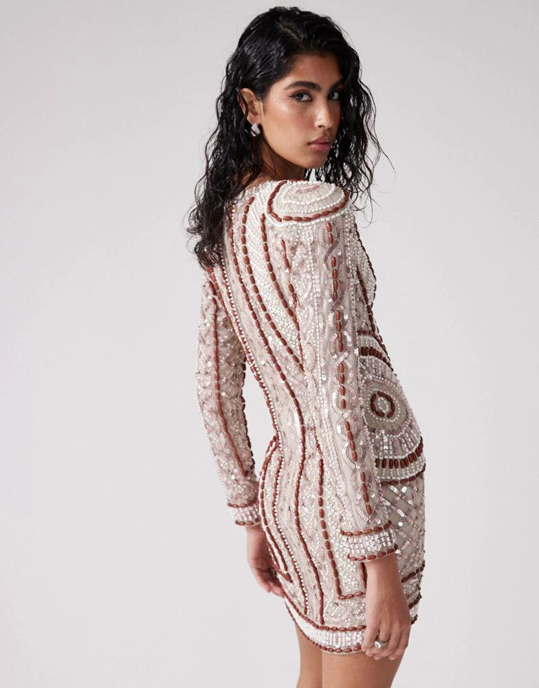 ASOS ASOS DESIGN embellished long sleeve mini dress with wooden bead detail in stone 3