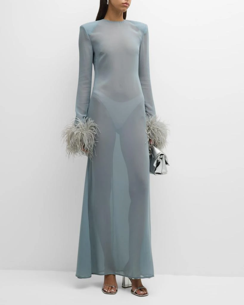 LAPOINTE Feather-Cuff Long-Sleeve Strong-Shoulder Sheer Georgette Maxi Dress 3