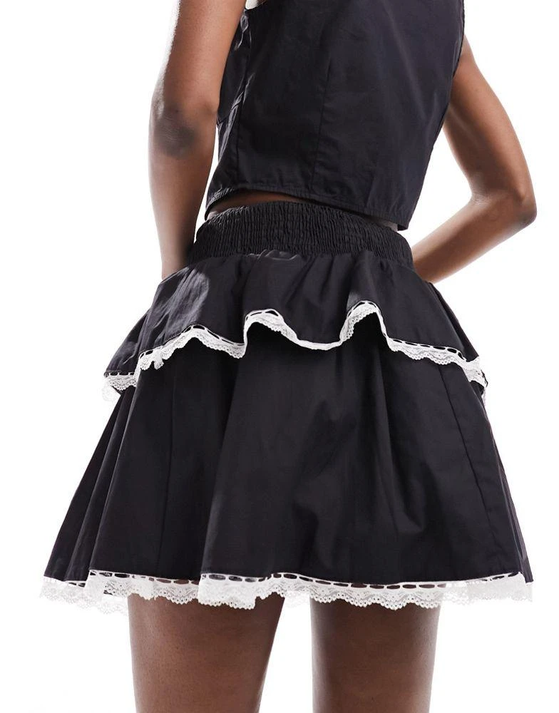 Daisy Street Daisy Street shirred waist frill mini skirt with lace trim in black co-ord 3