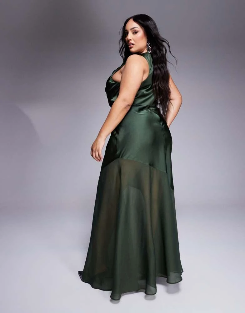 ASOS ASOS DESIGN Curve satin chiffon mix draped bodice maxi dress in deep green 3