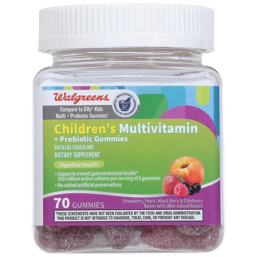 Walgreens Children's Multivitamin + Probiotic Gummies (70 days) Strawberry, Peach, Mixed Berry & Elderberry 1