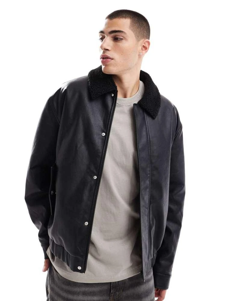 ASOS ASOS DESIGN faux leather wadded harrington jacket with borg collar in black 1