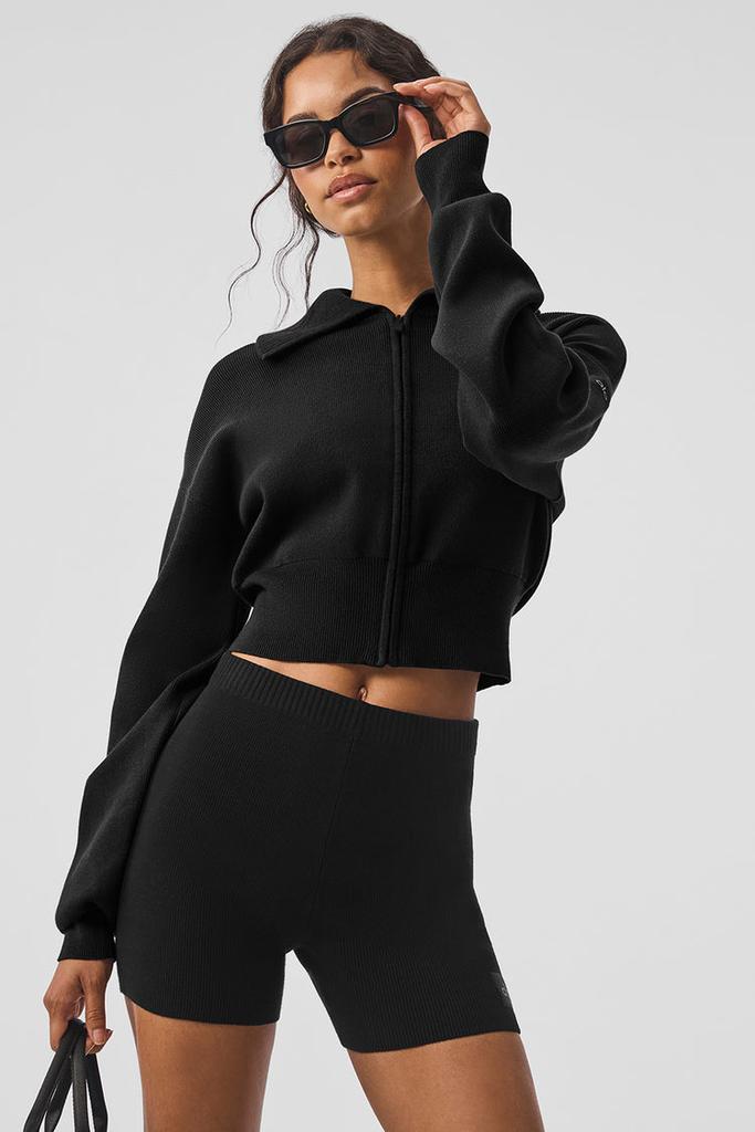 Alo Scholar Knit Cropped Full Zip Jacket - Black - Jackets - Free