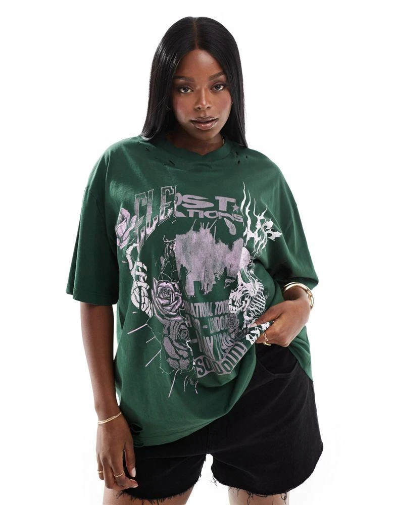 ASOS ASOS DESIGN Curve nibbled oversized t-shirt with cutabout rock graphic in dark green 1