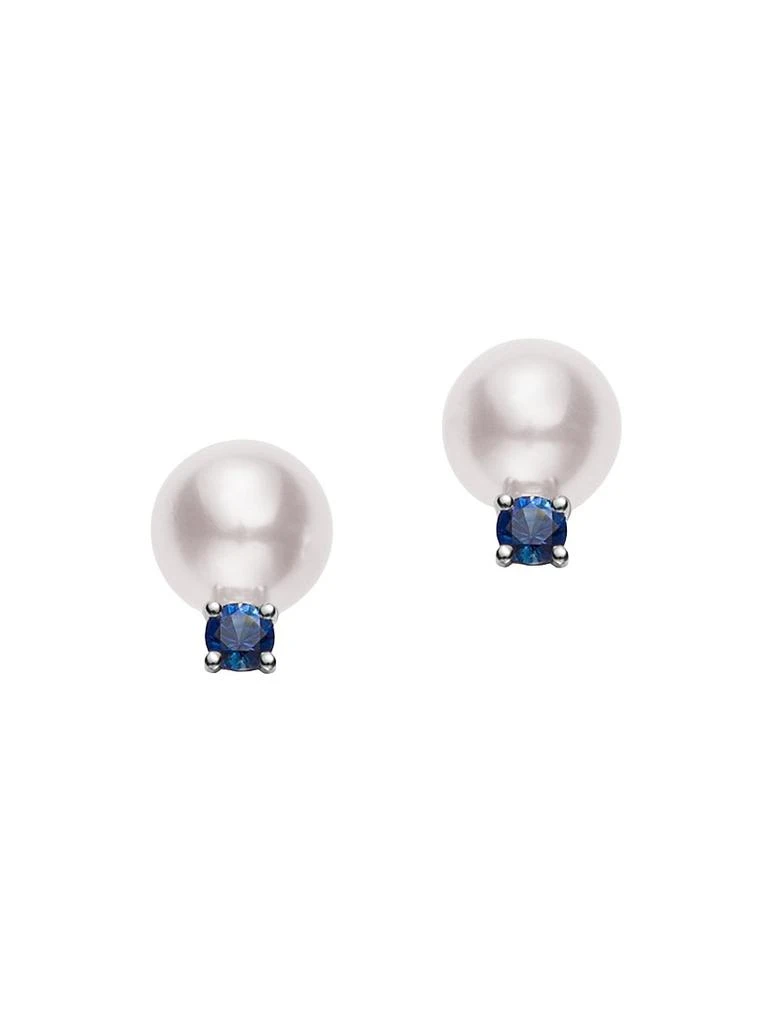 Mikimoto 18K White Gold, Akoya Cultured Pearl & Sapphire Stud Earrings 1